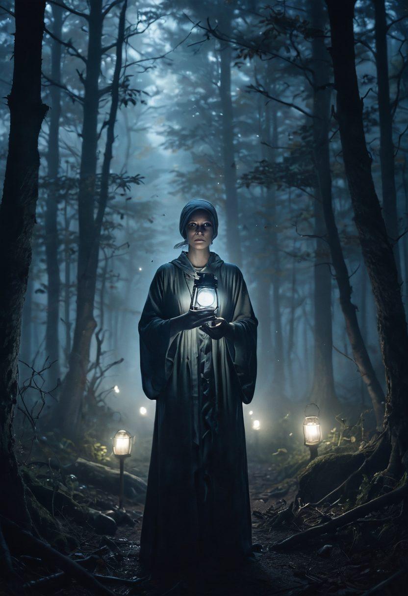 A hauntingly beautiful scene showing a cancer survivor standing in a misty forest, surrounded by ethereal glowing orbs symbolizing the supernatural. The survivor is depicted with a determined expression, holding a lantern that illuminates their path, while shadowy figures representing their struggles with malignancy loom in the background. A soft, eerie light filters through the trees, creating an atmosphere of resilience and mystery. surreal. soft color palette. incorporate elements of fantasy.