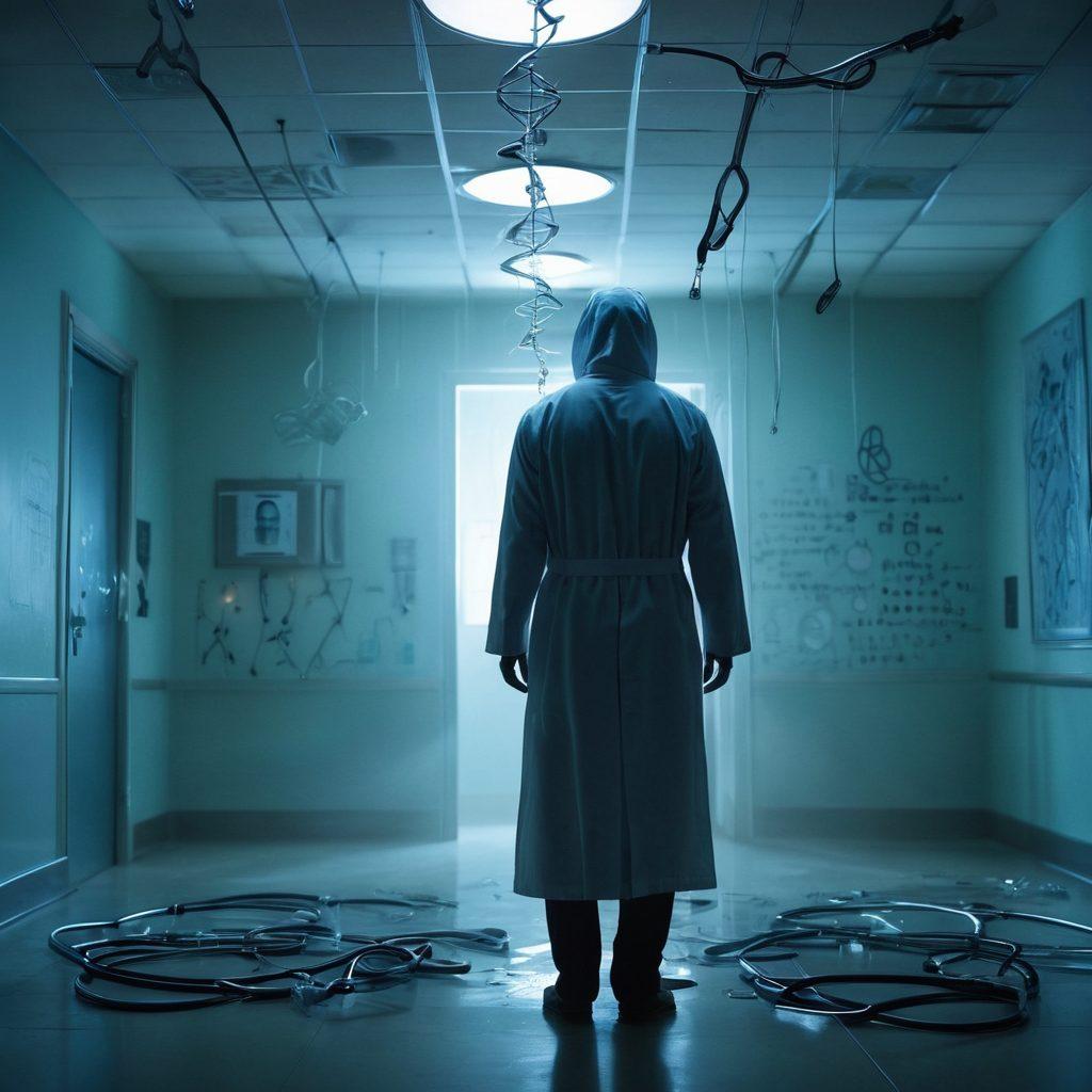A haunting yet hopeful scene featuring a ghostly figure representing survival emerging from a dark oncology hospital, intertwined with medical symbols like stethoscopes and DNA strands. In the background, ethereal lights symbolize hope, and shadowy figures of patients represent the struggle and fight against cancer. The overall atmosphere should combine elements of horror and strength, enhancing the narrative of survival in a haunting yet inspiring way. super-realistic. vibrant colors. dramatic lighting.